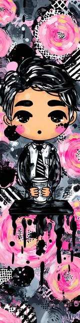 Free teacher bookmark featuring a teacher in pink and black holding coffee